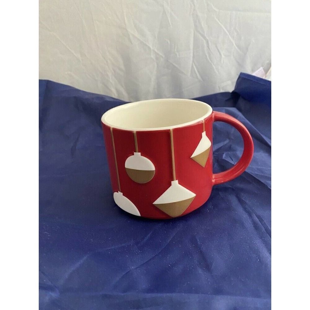 STARBUCKS CHRISTMAS ORNAMENT New Bone China Coffee Mug RED, GOLD, WHITE